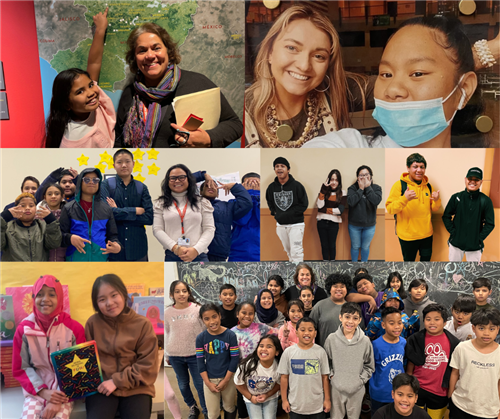 A collage of seven pictures showing multilingual English learner students and teachers. 